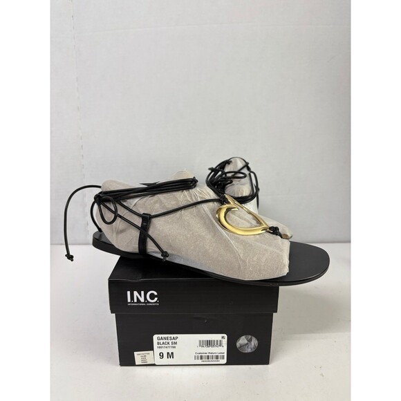 INC Women's Black Ankle Wrap Tie Heart Ganesa Round Toe Thong Sandals Shoes 9M - Picture 1 of 6